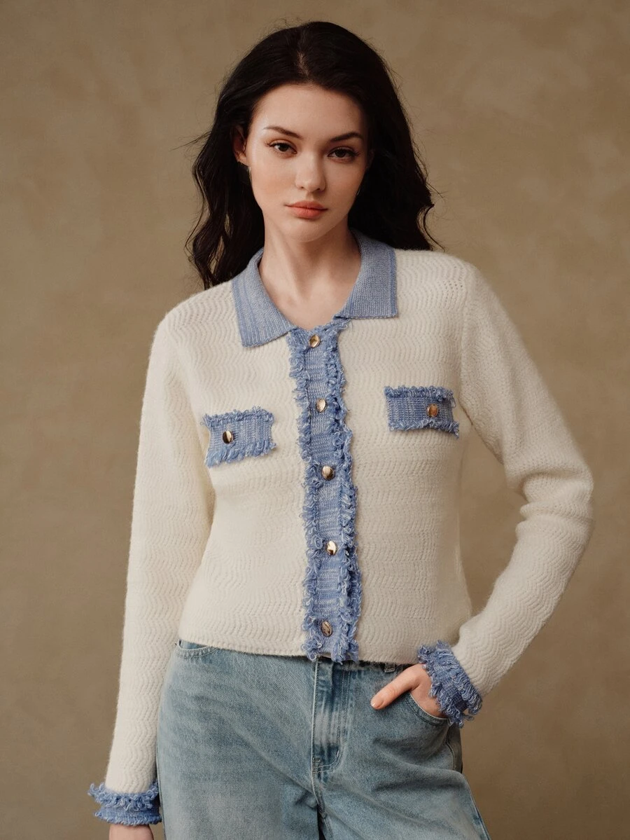 Anewsta Women's Autumn/Winter Knitted Cardigan With Denim Effect Lapel Patchwork Design, Commuter Sweater Jacket - White - View 1