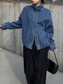 FRIFUL Jaket Denim Lengan Panjang Kasual Serbaguna untuk Wanita, Kancing Tunggal, untuk Penggunaan Sehari-hari - Biru - View 6