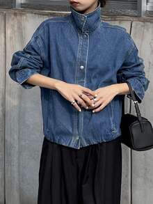 FRIFUL Jaket Denim Lengan Panjang Kasual Serbaguna untuk Wanita, Kancing Tunggal, untuk Penggunaan Sehari-hari - Biru - View 7