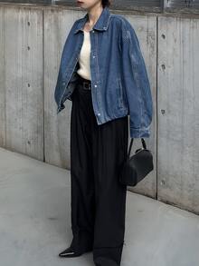 FRIFUL Jaket Denim Lengan Panjang Kasual Serbaguna untuk Wanita, Kancing Tunggal, untuk Penggunaan Sehari-hari - Biru - View 3