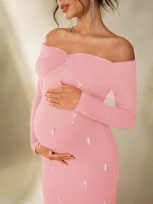 Cheriluna Maternity Maternity Photoshoot Dress, Long Sleeve Off Shoulder Fitted Dress With Layered Mesh, Bow Tie And Faux Pearl Decor - Pink - View 6