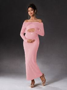 Cheriluna Maternity Maternity Photoshoot Dress, Long Sleeve Off Shoulder Fitted Dress With Layered Mesh, Bow Tie And Faux Pearl Decor - Pink - View 1