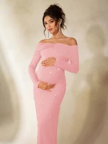 Cheriluna Maternity Maternity Photoshoot Dress, Long Sleeve Off Shoulder Fitted Dress With Layered Mesh, Bow Tie And Faux Pearl Decor - Pink - View 5