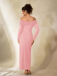 Cheriluna Maternity Maternity Photoshoot Dress, Long Sleeve Off Shoulder Fitted Dress With Layered Mesh, Bow Tie And Faux Pearl Decor - Pink - View 3