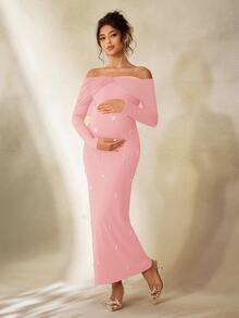 Cheriluna Maternity Maternity Photoshoot Dress, Long Sleeve Off Shoulder Fitted Dress With Layered Mesh, Bow Tie And Faux Pearl Decor - Pink - View 2