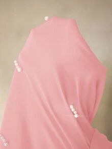 Cheriluna Maternity Maternity Photoshoot Dress, Long Sleeve Off Shoulder Fitted Dress With Layered Mesh, Bow Tie And Faux Pearl Decor - Pink - View 8