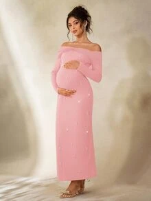Cheriluna Maternity Maternity Photoshoot Dress, Long Sleeve Off Shoulder Fitted Dress With Layered Mesh, Bow Tie And Faux Pearl Decor - Pink - View 4