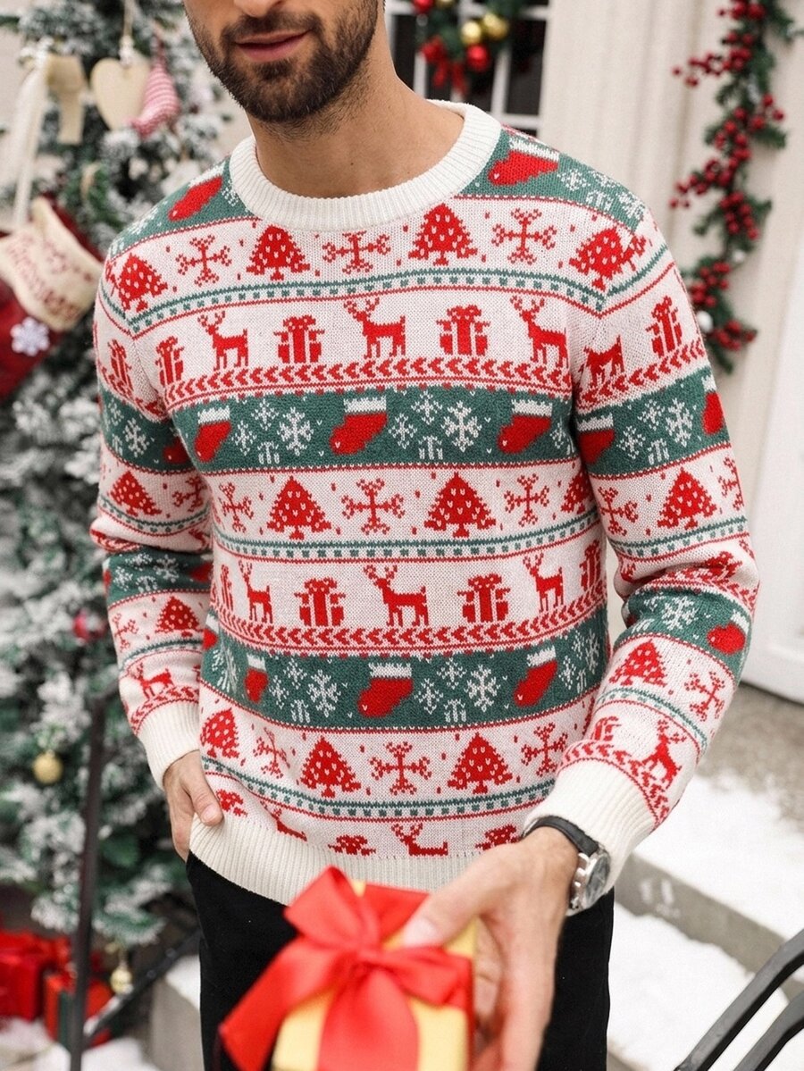 Manfinity Homme Men's Crew-Neck Long-Sleeve Christmas Sweater Featuring Reindeer, Christmas Tree, And Snowflake Patterns; Cute Christmas Pullover; Fall/Winter Unisex - White - View 1