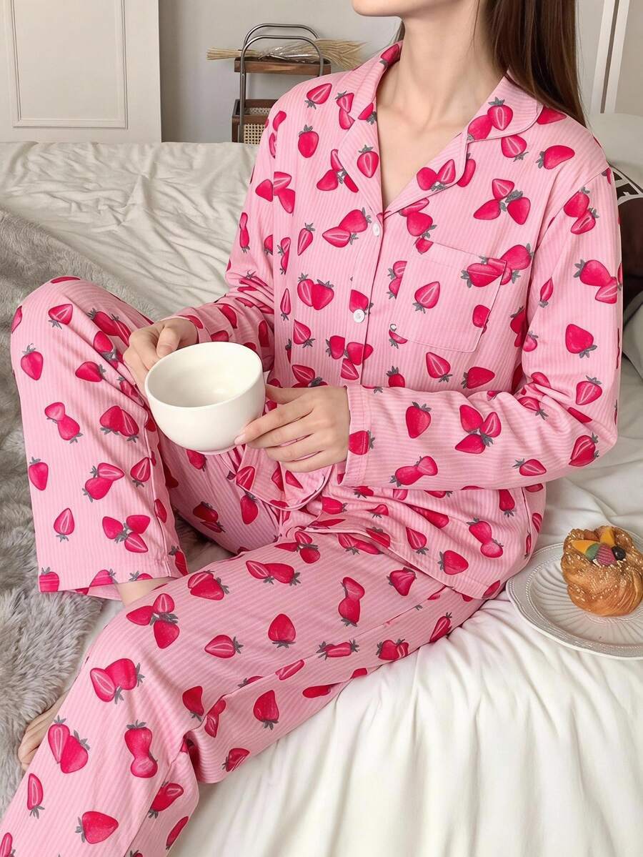 Teen Girls Casual Comfortable Cute Bear Print Long Sleeve Top & Pants 2-Piece Set Autumn/Winter - Pink - View 1