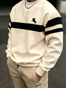 ZURIURI Spring Autumn Winter Men's Crew Neck Sweatshirt, Casual Fit, Small Horse Pattern, Striped Contrast Print Design, Suitable For Commuting, Daily Wear, Outdoor, Shopping, Office - Multicolor - View 1
