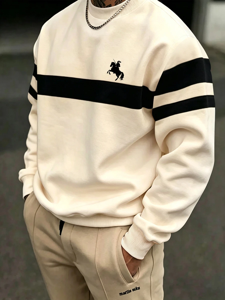 ZURIURI Spring Autumn Winter Men's Crew Neck Sweatshirt, Casual Fit, Small Horse Pattern, Striped Contrast Print Design, Suitable For Commuting, Daily Wear, Outdoor, Shopping, Office - Multicolor - View 1