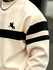 ZURIURI Spring Autumn Winter Men's Crew Neck Sweatshirt, Casual Fit, Small Horse Pattern, Striped Contrast Print Design, Suitable For Commuting, Daily Wear, Outdoor, Shopping, Office - Multicolor - View 4