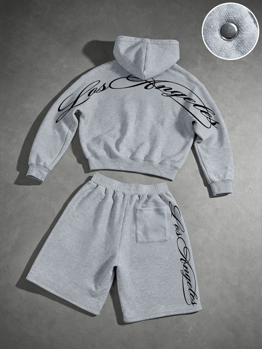 PAVTROS Men's Letter Print Long Sleeve Hoodie And Shorts Set - Light Grey - View 1