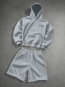 PAVTROS Men's Letter Print Long Sleeve Hoodie And Shorts Set - Light Grey - View 2