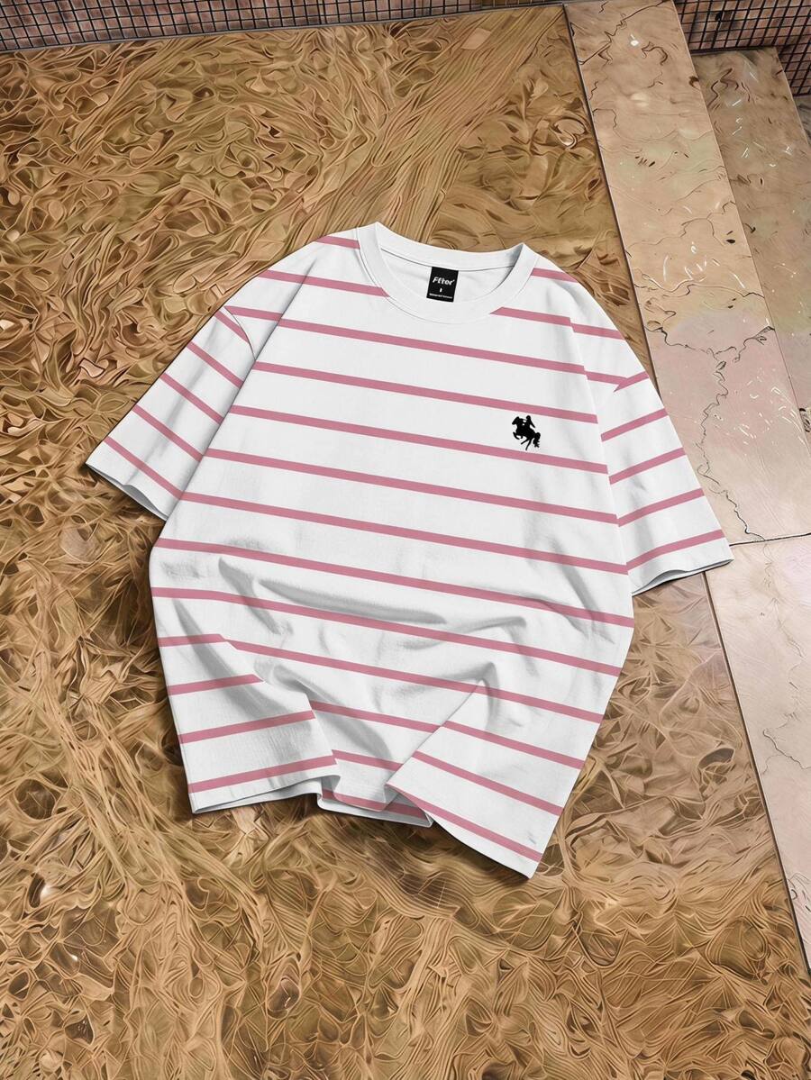 HypeHours 男女通用经典白色和粉色条纹马匹印花休闲 T 恤，时尚图案 T 恤 - 彩色 - 查看 1