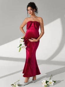 Cheriluna Maternity Maternity Photography Dress, Strapless, Bow Accent, Flared Mermaid Hem, Velvet Fabric - Burgundy - View 2