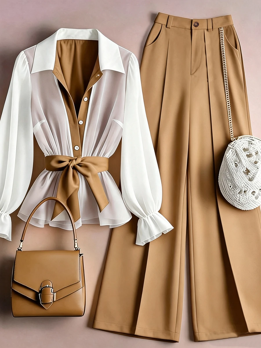 GlowEve CURVE 女款大尺碼優雅商務風拼色荷葉袖束腰上衣與寬腿褲兩件套 - 卡其色 - 查看 1