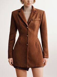 Briarwyn Autumn/Winter Elegant Women's Caramel Suede Velvet Metal Button Notch Lapel Slim Fit Mid-Length Single Breasted Blazer Thanksgiving Office Brown - Coffee Brown - View 4