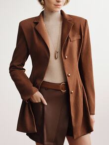 Briarwyn Autumn/Winter Elegant Women's Caramel Suede Velvet Metal Button Notch Lapel Slim Fit Mid-Length Single Breasted Blazer Thanksgiving Office Brown - Coffee Brown - View 6