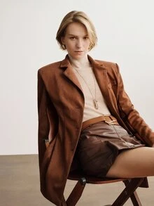 Briarwyn Autumn/Winter Elegant Women's Caramel Suede Velvet Metal Button Notch Lapel Slim Fit Mid-Length Single Breasted Blazer Thanksgiving Office Brown - Coffee Brown - View 8