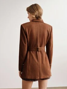 Briarwyn Autumn/Winter Elegant Women's Caramel Suede Velvet Metal Button Notch Lapel Slim Fit Mid-Length Single Breasted Blazer Thanksgiving Office Brown - Coffee Brown - View 7