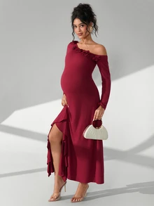Cheriluna Maternity 纯色斜肩3D立体花卉装饰长袖孕妇写真连衣裙 - 酒紅色 - 查看 5