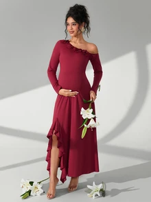 Cheriluna Maternity 纯色斜肩3D立体花卉装饰长袖孕妇写真连衣裙 - 酒紅色 - 查看 6