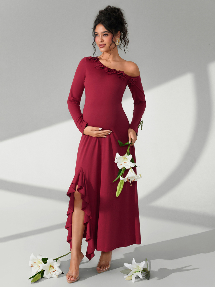 Cheriluna Maternity Solid Color Oblique Shoulder 3D Floral Decor Long Sleeve Maternity Photoshoot Dress - Burgundy - View 6