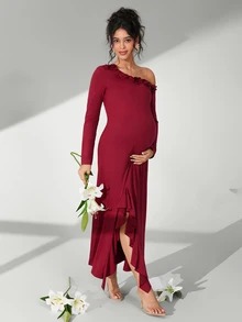 Cheriluna Maternity 纯色斜肩3D立体花卉装饰长袖孕妇写真连衣裙 - 酒紅色 - 查看 7