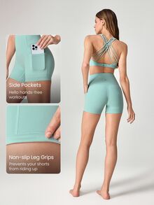 GLOWMODE 4.3" FeatherFit™ Anti-Slip Pocket Bike Shorts Non Front Seam Low Impact Cycling Running Gym Workout - Mist Green - View 3