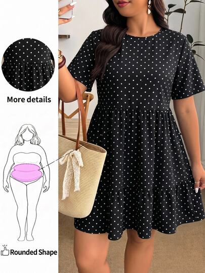 Hourglow Casual Minimalist Vintage Polka Dot Print Plus Size Women's Round Neck Short Sleeve Dress Suitable For Summer Black Dress
