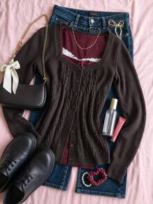 IslaSuriya Women's Cable Knit Long Sleeve Single-Breasted Casual Cardigan - Coffee Brown - View 3