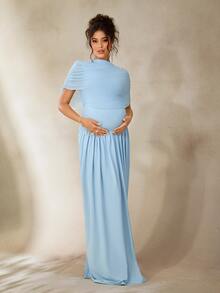 Cheriluna Maternity Maternity Photoshoot Dress With Double-Layer Mesh Design, Fitted Waist And Flowy Hem Baby Blue Summer Maternity Elegant - Blue - View 5