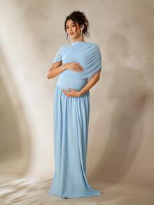 Cheriluna Maternity Maternity Photoshoot Dress With Double-Layer Mesh Design, Fitted Waist And Flowy Hem Baby Blue Summer Maternity Elegant - Blue - View 4