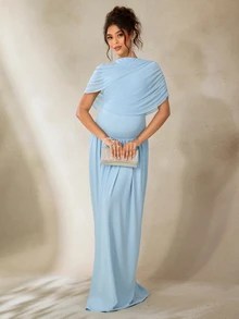 Cheriluna Maternity Maternity Photoshoot Dress With Double-Layer Mesh Design, Fitted Waist And Flowy Hem Baby Blue Summer Maternity Elegant - Blue - View 2