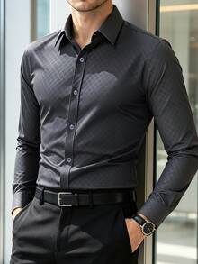 Manfinity Mode Men's Business Casual Classy Plaid Single-Breasted Long Sleeve Shirt For Office Business Formal And Commute Black Autumn, Old Money - Dark Grey - View 1