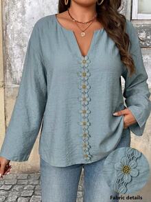Linhara CURVE Plus Size Women's V-Neck Button Decor Daily Loose Comfortable Casual Boho Leaf Print Long Sleeve Relaxed Spring Summer Blouse Formal Dusty Blue Fall - Green - View 5
