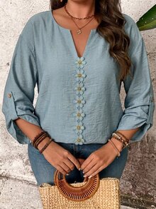 Linhara CURVE Plus Size Women's V-Neck Button Decor Daily Loose Comfortable Casual Boho Leaf Print Long Sleeve Relaxed Spring Summer Blouse Formal Dusty Blue Fall - Green - View 2