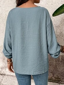 Linhara CURVE Plus Size Women's V-Neck Button Decor Daily Loose Comfortable Casual Boho Leaf Print Long Sleeve Relaxed Spring Summer Blouse Formal Dusty Blue Fall - Green - View 3