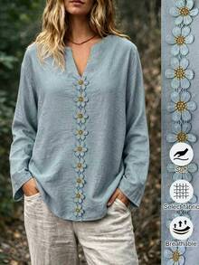 Linhara CURVE Plus Size Women's V-Neck Button Decor Daily Loose Comfortable Casual Boho Leaf Print Long Sleeve Relaxed Spring Summer Blouse Formal Dusty Blue Fall - Green - View 7