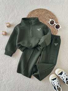 SHEIN 女嬰 0-3 歲軍綠色蝴蝶結刺繡 2 件套立領長袖運動衫套裝，適合日常穿著、上學、玩耍等多種場合 - 軍綠色 - 查看 4