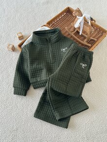SHEIN 女嬰 0-3 歲軍綠色蝴蝶結刺繡 2 件套立領長袖運動衫套裝，適合日常穿著、上學、玩耍等多種場合 - 軍綠色 - 查看 2