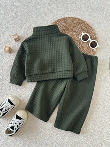 SHEIN 女嬰 0-3 歲軍綠色蝴蝶結刺繡 2 件套立領長袖運動衫套裝，適合日常穿著、上學、玩耍等多種場合 - 軍綠色 - 查看 3
