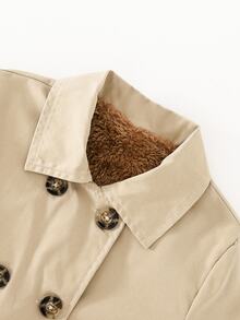 SHEIN Playful Pals 秋冬女童 4-8歲 卡其色翻領長袖開襟外套，對比色抓絨內裡，時尚休閒，百搭百搭，適合學校、購物、外出等多種場合 - 卡其色 - 查看 7