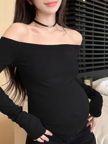 Dazy Maternity Solid Color Fitted Short Off Shoulder Long Sleeve Casual Everyday Versatile Spring/Autumn Maternity T-Shirt Vacation - Black - View 7