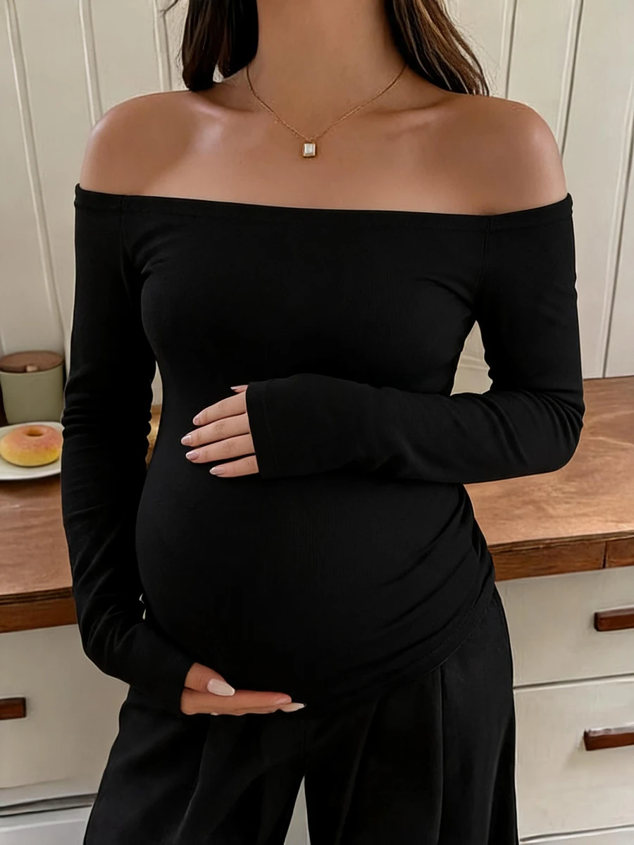 Dazy Maternity Solid Color Fitted Short Off Shoulder Long Sleeve Casual Everyday Versatile Spring/Autumn Maternity T-Shirt Vacation - Black - View 1