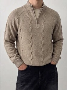 Manfinity Homme Men's Minimalist Versatile Ribbed Long Sleeve Sweater For Daily Wear Old Money Couple Matching - Khaki - View 5