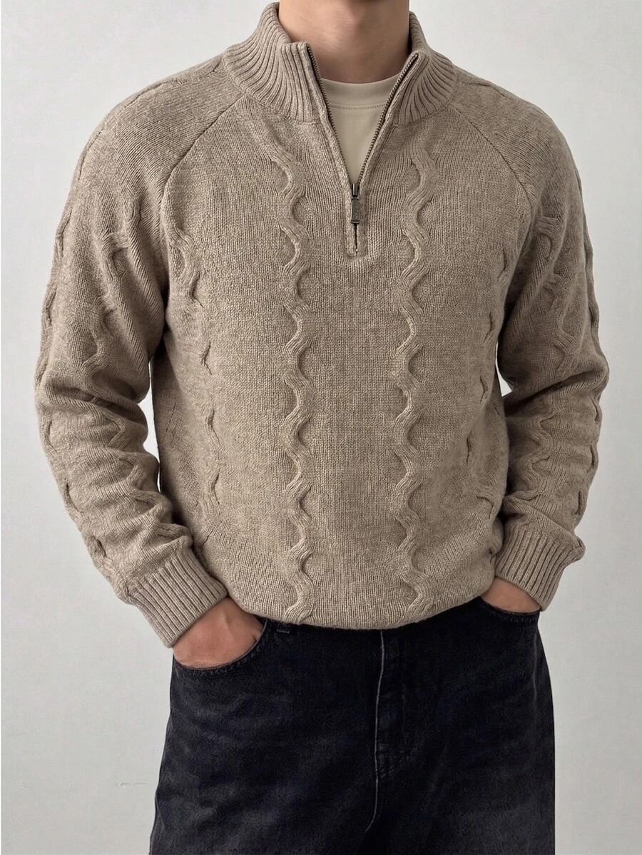 Manfinity Homme Men's Minimalist Versatile Ribbed Long Sleeve Sweater For Daily Wear Old Money Couple Matching - Khaki - View 1