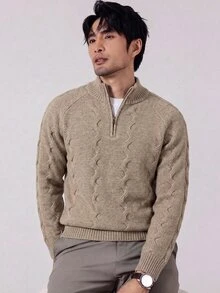 Manfinity Homme Men's Minimalist Versatile Ribbed Long Sleeve Sweater For Daily Wear Old Money Couple Matching - Khaki - View 1