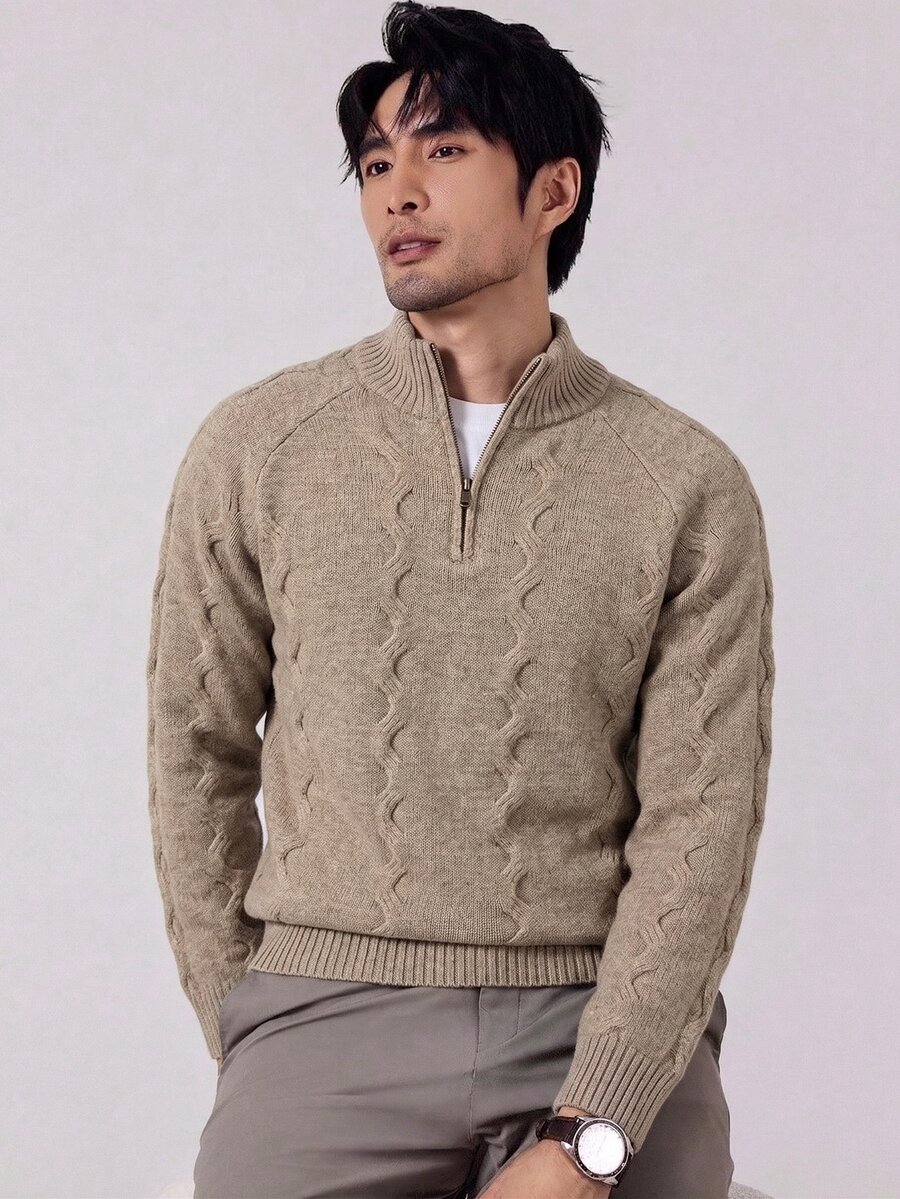Manfinity Homme Men's Minimalist Versatile Ribbed Long Sleeve Sweater For Daily Wear Old Money Couple Matching - Khaki - View 1